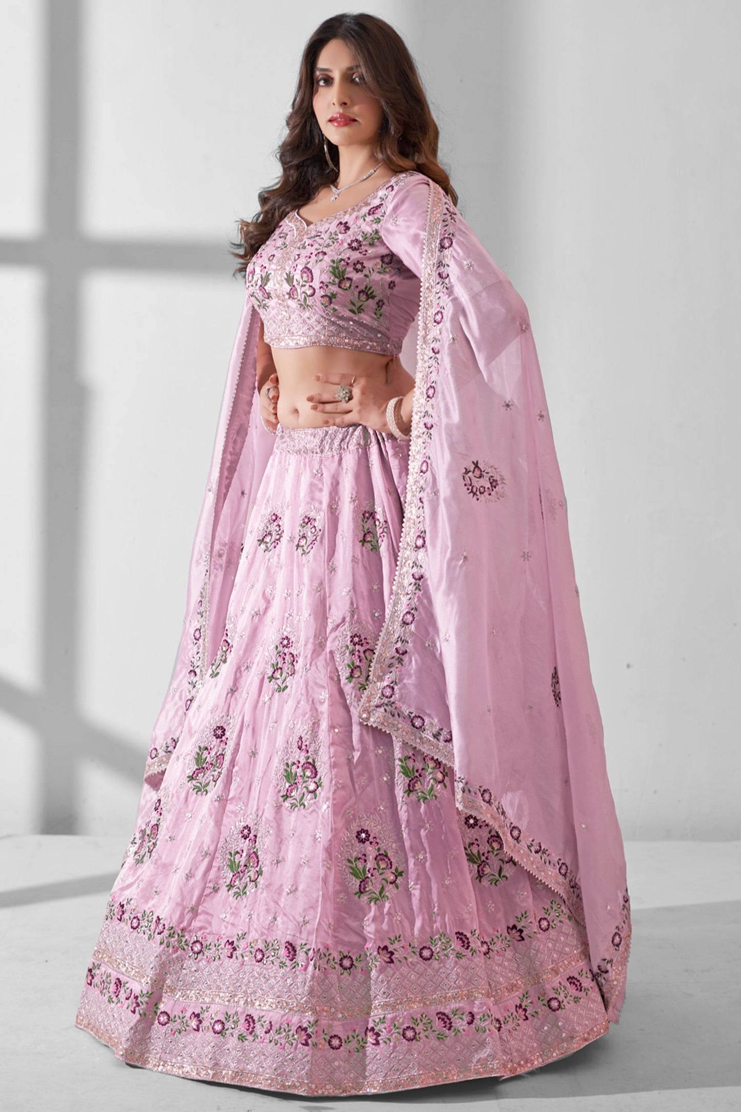 Stylish Sequins Work Organza Fabric Pink Color Lehenga For Sangeet