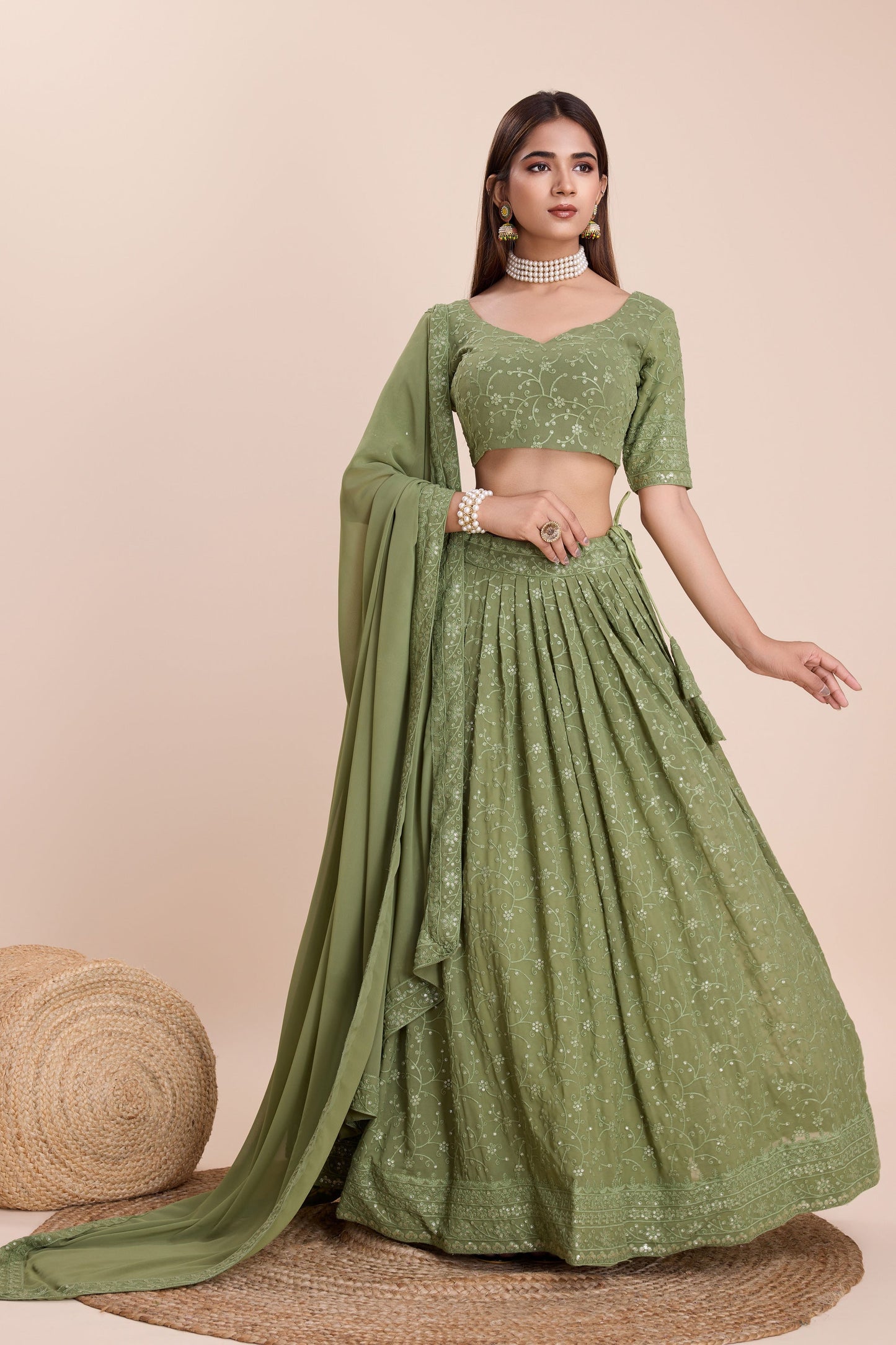 Sequins Work Georgette Sangeet Wear Ravishing Lehenga In Sea Green Color