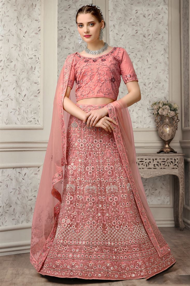 Net Fabric Peach Color Stylish Embroidered Lehenga