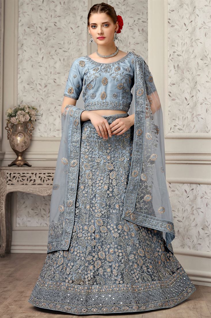 Net Fabric Captivating Grey Color Embroidered Lehenga