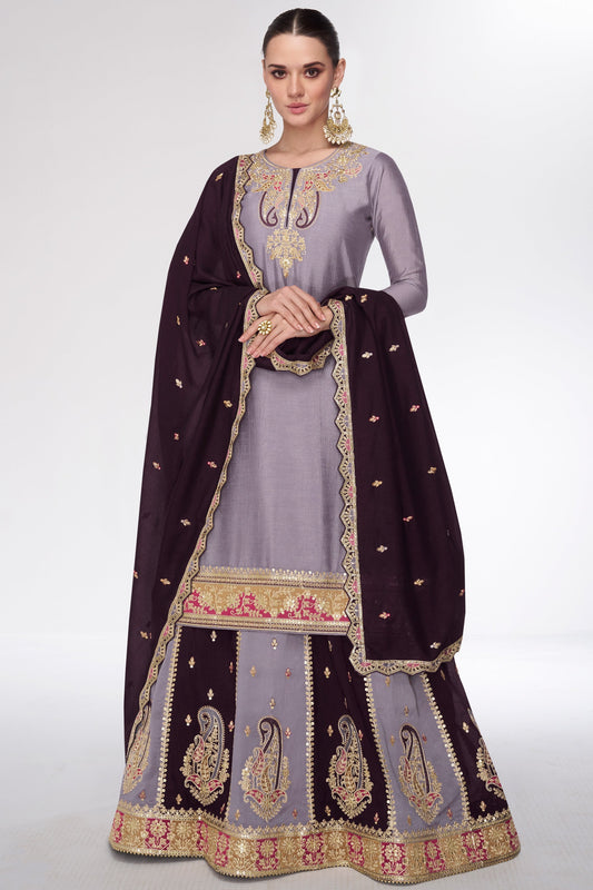 यूजेनिया बेलौसोवा सिल्क फैब्रिक लैवेंडर कलर स्टाइलिश लुक शरारा टॉप लहंगा