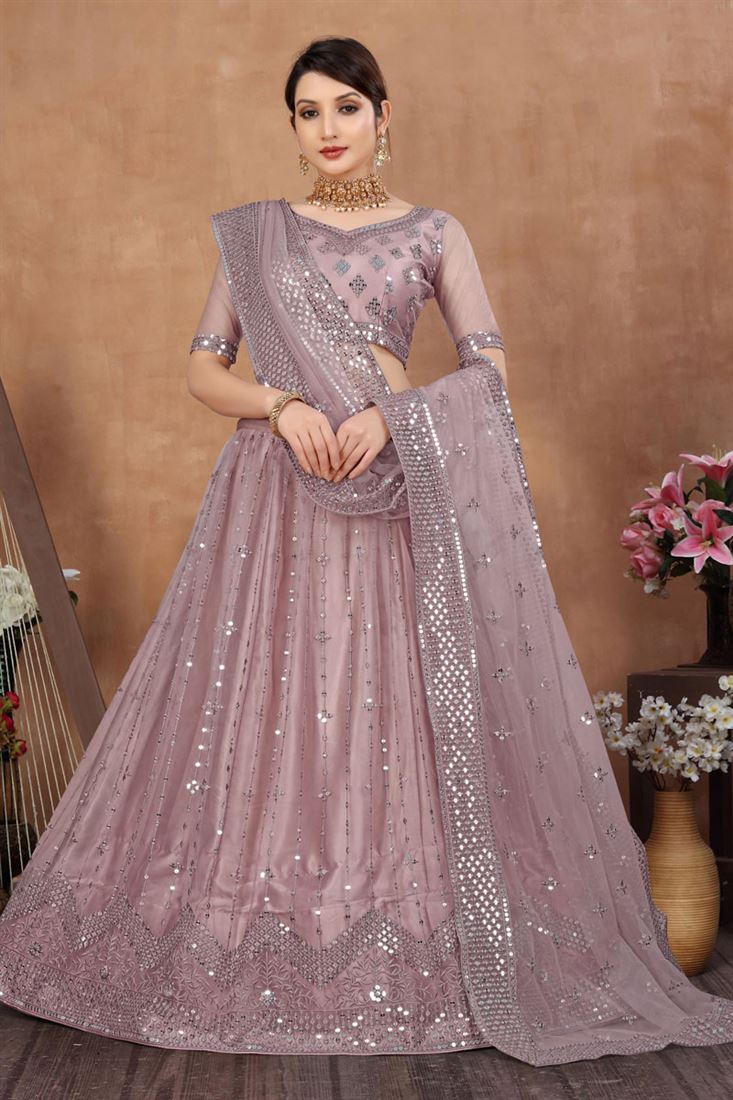 कढ़ाई का काम गुलाबी रंग नेट फैब्रिक आकर्षक लेहेंगा चोली