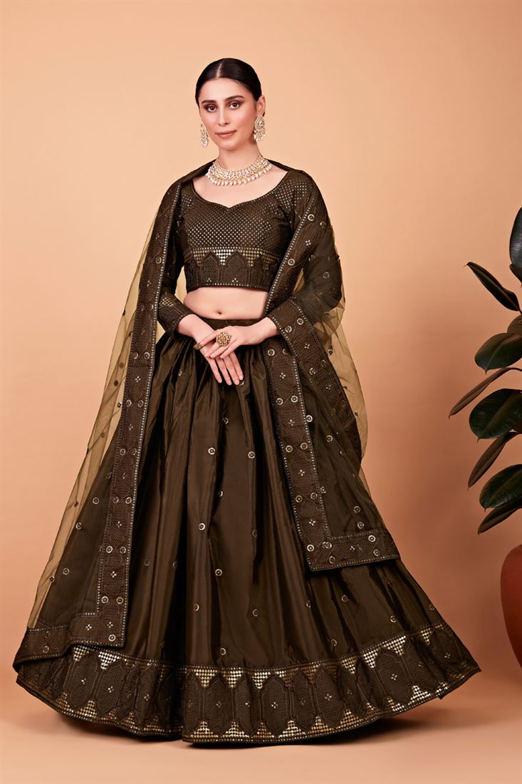 Amazing Sequins Work On Mehendi Green Color Art Silk Lehenga