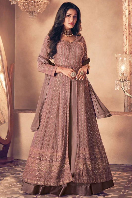 Chikoo Color Function Wear Embroidered Georgette Fabric Designer Anarkali Suit