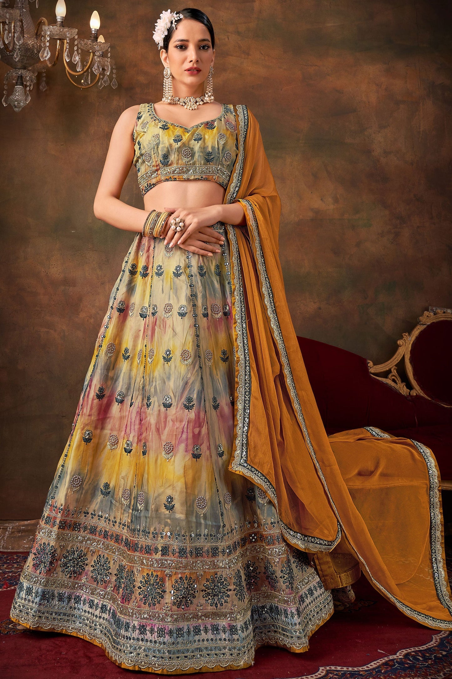 ऑर्गेंजा फैब्रिक डिज़ाइनर मल्टी कलर लहंगा चोली कढ़ाई के काम के साथ