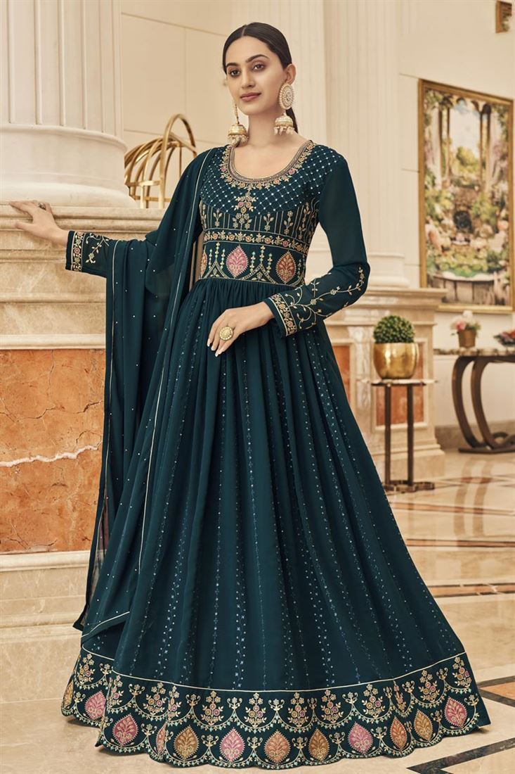 Teal Color Function Wear Blazing Anarkali Suit In Georgette Fabric