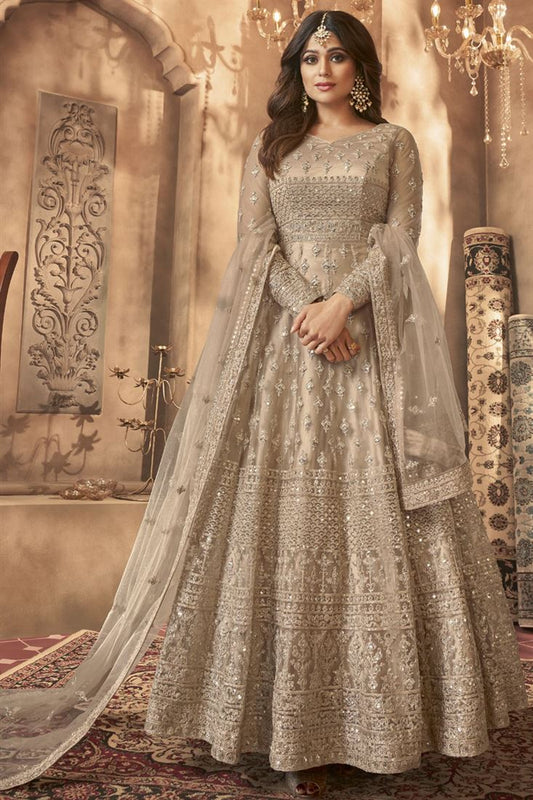 Shamita Shetty Fancy Net Fabric Cream Color Sangeet Wear Embroidered Long Anarkali Suit