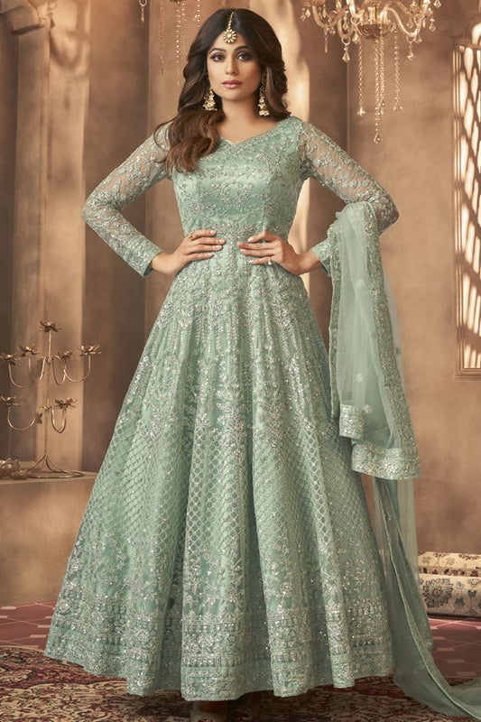 Shamita Shetty Sangeet Wear Sea Green Color Fancy Net Fabric Embroidered Long Anarkali Suit