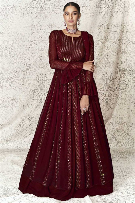 Radiant Maroon Color Georgette Fabric Festive Wear Anarkali Suit