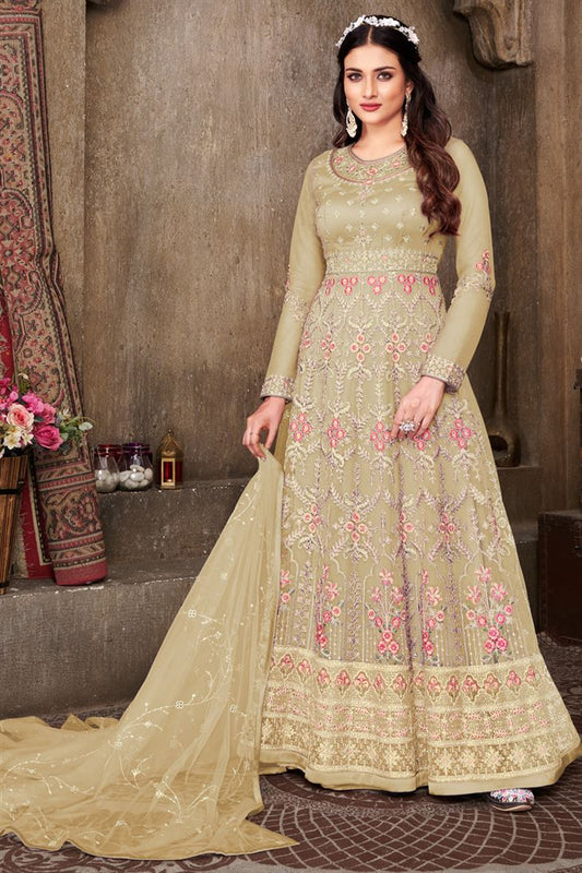 Intricate Embroidered Beige Color Net Fabric Anarkali Suit