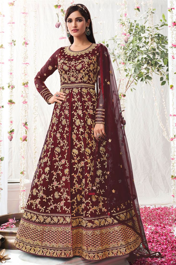 Maroon Color Sangeet Wear Net Fabric Extravagant Vartika Singh Anarkali Suit