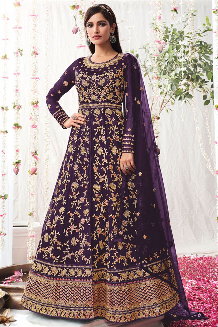 Purple Color Net Fabric Sangeet Wear Superlative Vartika Singh Anarkali Suit