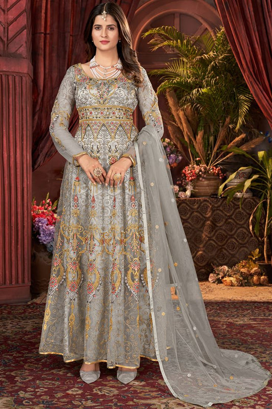Komal Vora Alluring Net Fabric Grey Color Anarkali Suit For Function