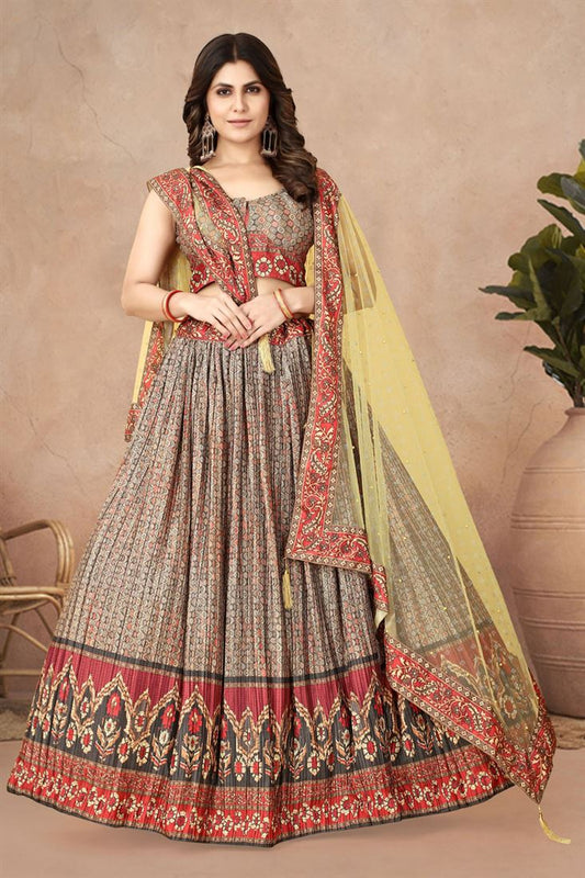 डिजिटल प्रिंटेड और क्रश्ड वर्क चिनॉन फैब्रिक लहंगा मल्टी कलर में