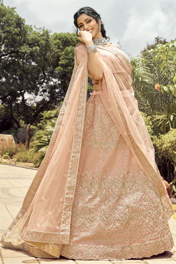 Exclusive Wedding Wear Organza Fabric Embroidered Lehenga Choli In Peach Color