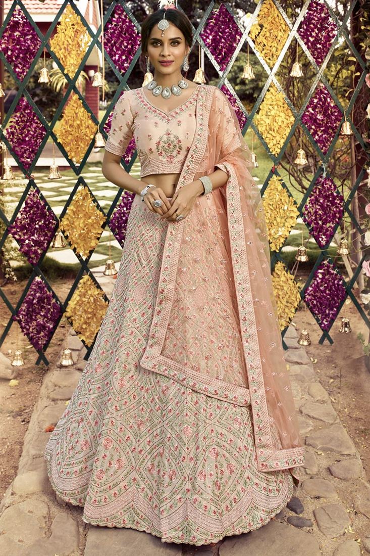 Exclusive Crepe Fabric Embroidered Wedding Wear Designer Lehenga Choli In Peach Color