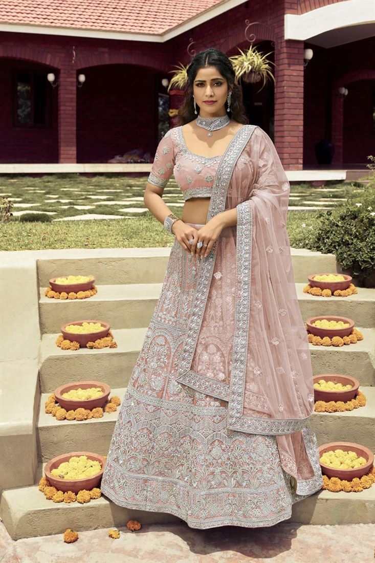 Exclusive Embroidered Work On Art Silk Fabric Peach Color Wedding Wear Incredible Bridal Lehenga