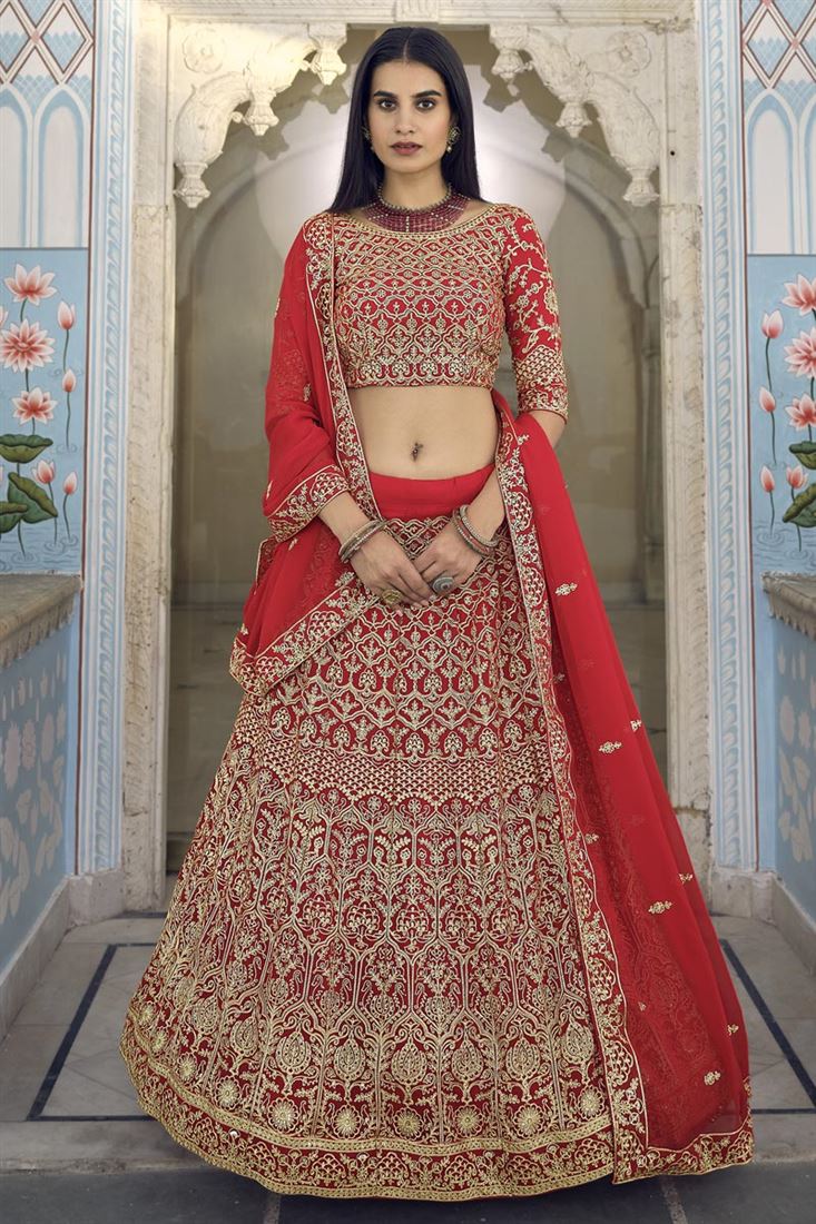 एक्सक्लूसिव जॉर्जेट फैब्रिक वेडिंग वियर लाल रंग की कढ़ाई वाला लहंगा चोली
