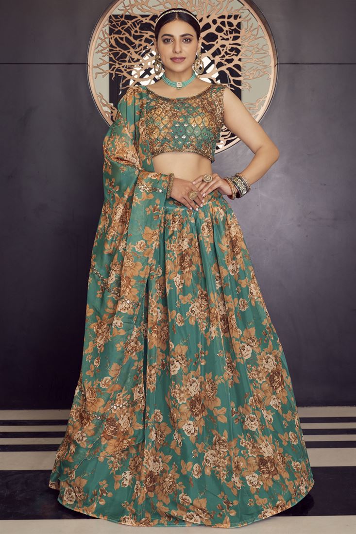 एक्सक्लूसिव ऑर्गेंजा फैब्रिक टील कलर का संगीत वियर लहंगा कढ़ाई वर्क के साथ