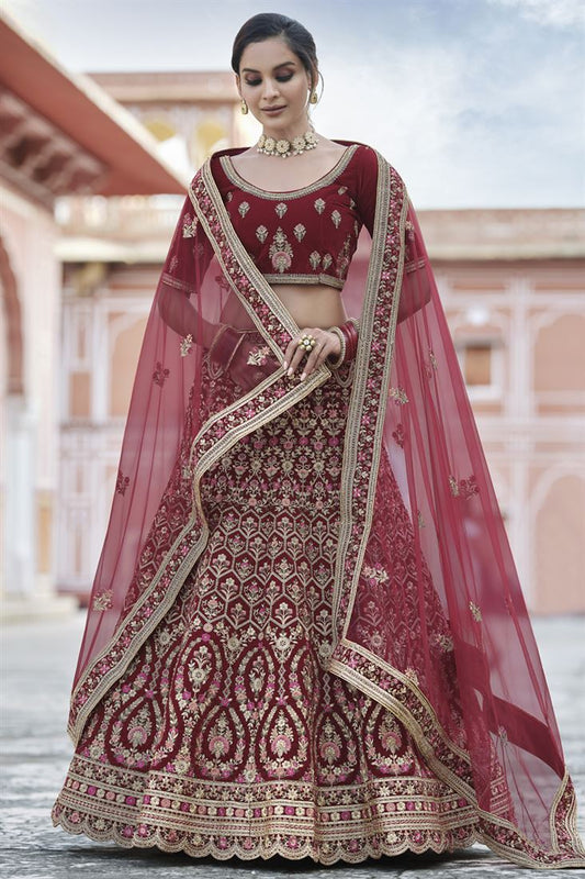 Exclusive Maroon Embroidered Wedding Wear Lehenga Choli In Velvet Fabric