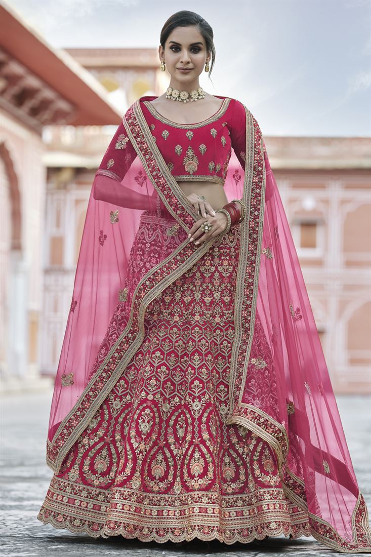 Exclusive Velvet Fabric Wedding Wear Pink Color Embroidered Lehenga Choli