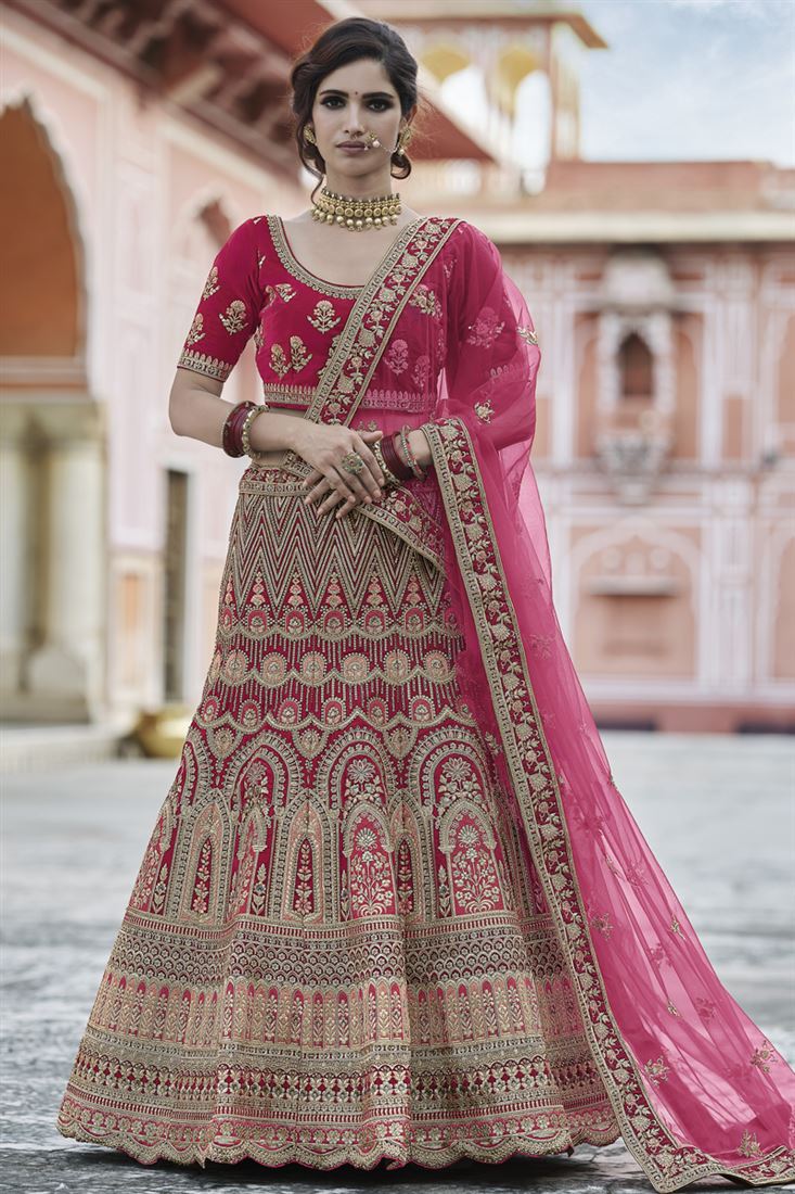 Exclusive Velvet Fabric Embroidered Wedding Wear Lehenga Choli In Pink Color