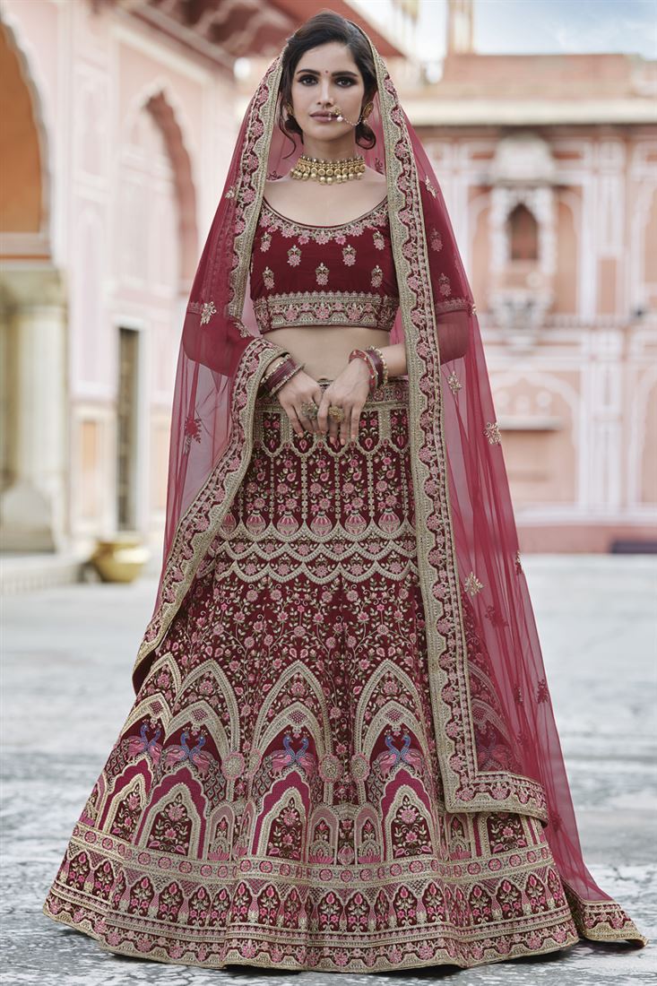 Exclusive Maroon Velvet Fancy Embroidered Wedding Wear Lehenga Choli