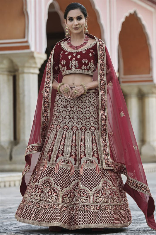 Exclusive Designer Embroidered Wedding Wear Lehenga Choli In Maroon Color Velvet Fabric