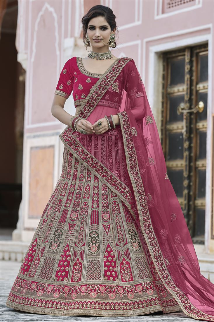 Exclusive Embroidered Wedding Wear Lehenga Choli In Pink Color Velvet Fabric