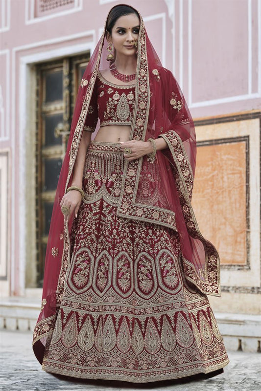 Exclusive Maroon Velvet Fabric Heavy Embroidered Wedding Wear Lehenga Choli