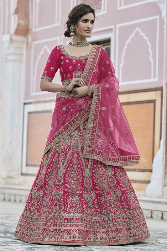 Exclusive Velvet Fabric Pink Color Embroidered Wedding Wear Designer Lehenga Choli