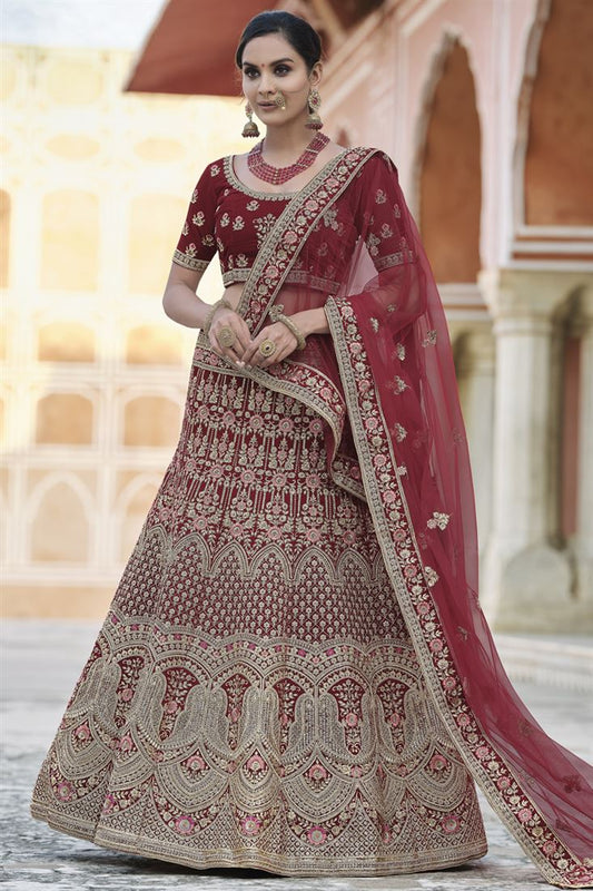 Exclusive Heavy Embroidered Maroon Color Wedding Wear Designer Lehenga Choli In Velvet Fabric