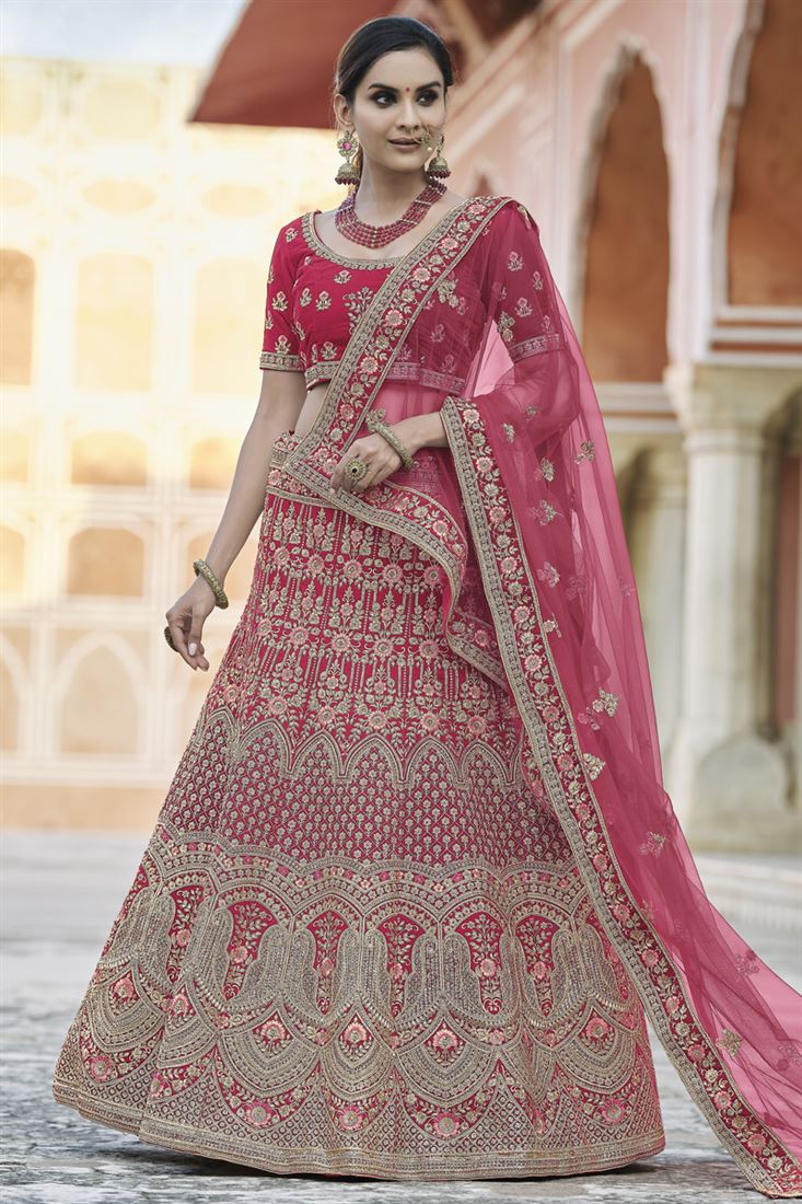 Exclusive Wedding Wear Velvet Fabric Designer Embroidered Lehenga Choli In Pink Color