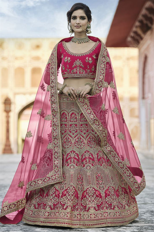 Exclusive Velvet Wedding Wear Pink Color Embroidered Designer Lehenga Choli