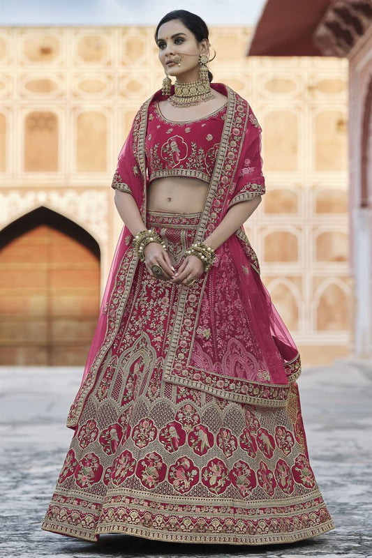 Exclusive Embroidered Pink Color Wedding Wear Fancy Lehenga Choli In Velvet Fabric