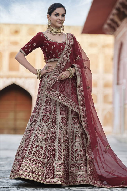 Exclusive Velvet Fabric Embroidered Maroon Color Wedding Wear Designer Lehenga Choli