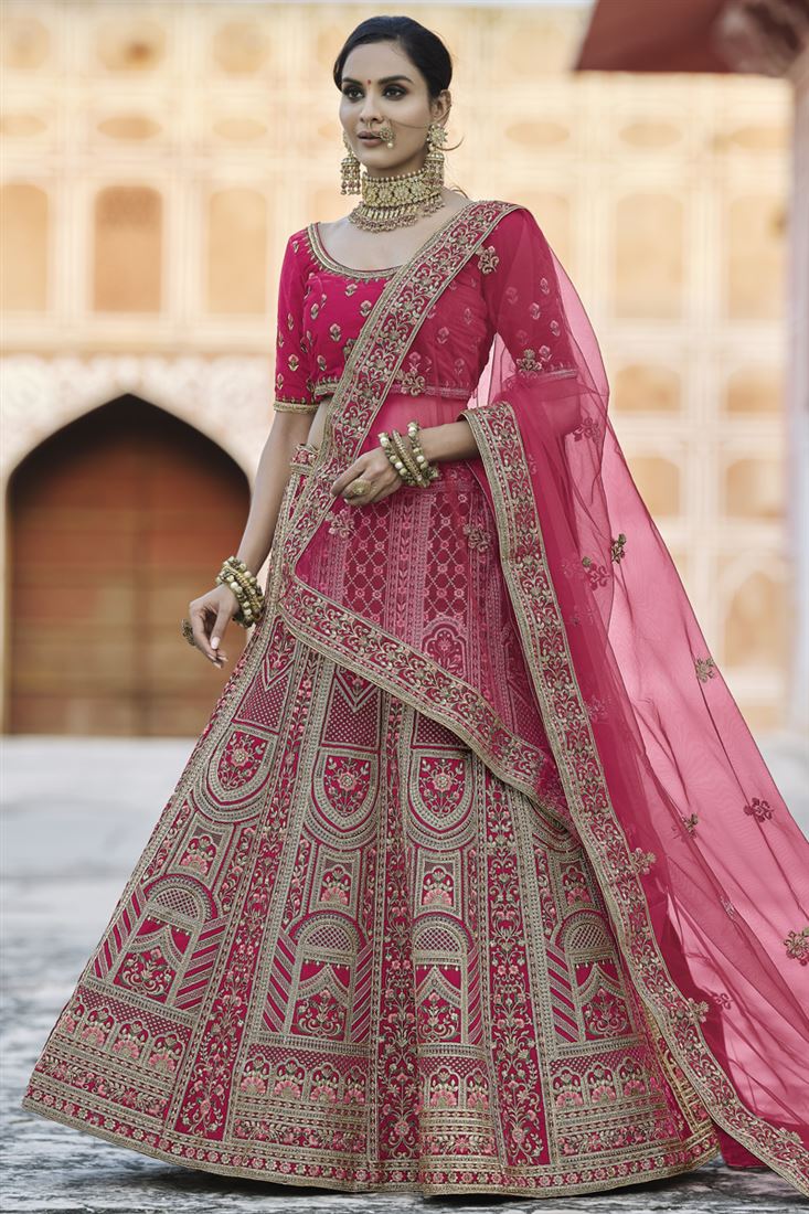Exclusive Embroidered Pink Color Wedding Wear Velvet Fabric Designer Lehenga Choli