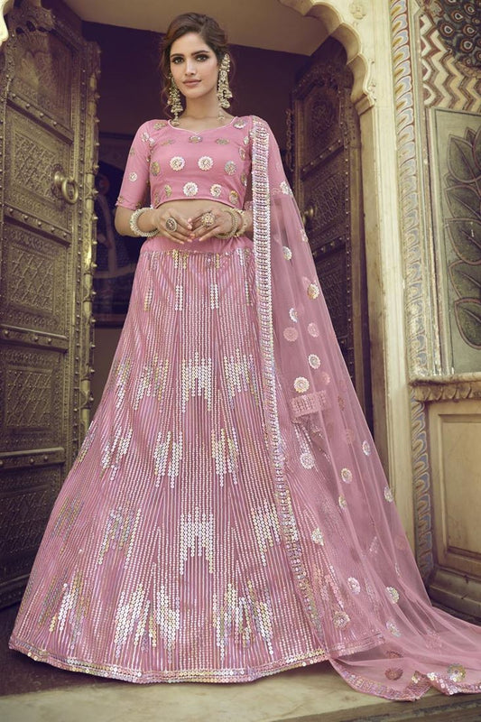 एक्सक्लूसिव वेडिंग वियर पिंक कलर सेक्विन वर्क लहंगा चोली नेट फैब्रिक में
