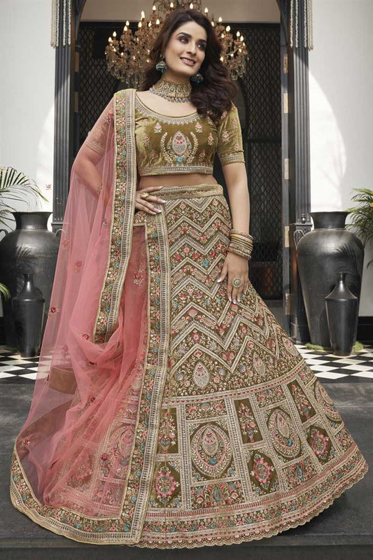Exclusive Velvet Fabric Attractive Mehendi Green Color Function Wear Lehenga With Embroidered Work