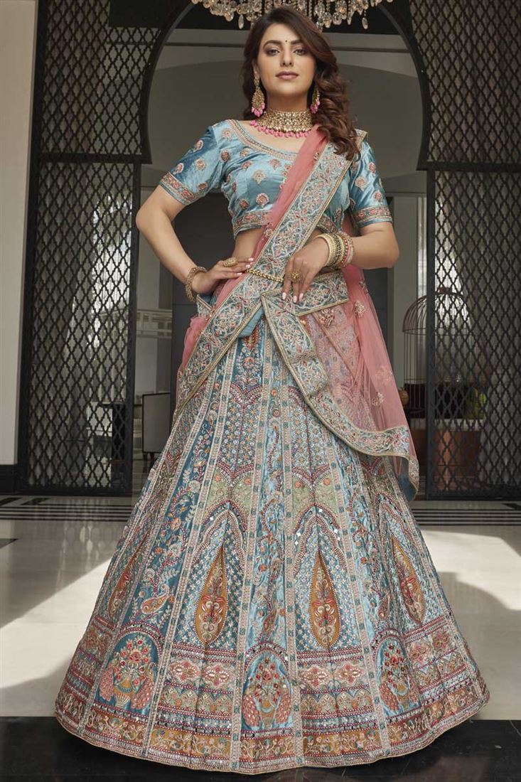 विशेष सुंदर सियान रंग मखमल कपड़े कढ़ाई काम के साथ समारोह पहनने Lehenga