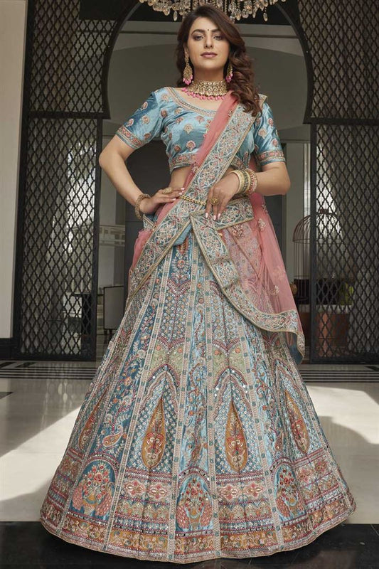 विशेष सुंदर सियान रंग मखमल कपड़े कढ़ाई काम के साथ समारोह पहनने Lehenga
