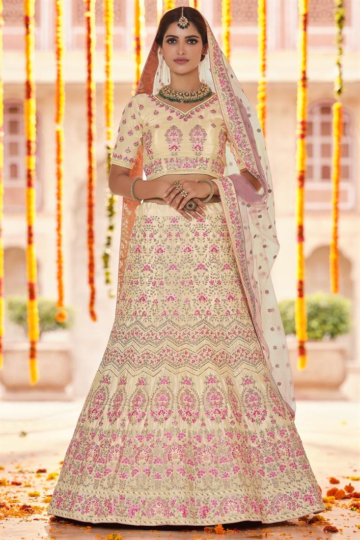 Exclusive Beige Color Embroidered Wedding Wear Lehenga Choli In Crepe Fabric