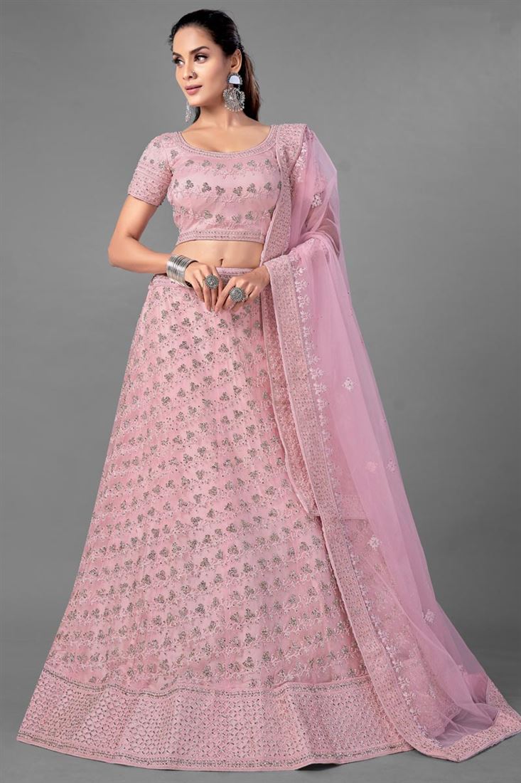 Exclusive Pink Color Net Fabric Thread Embroidered Reception Wear Lehenga Choli