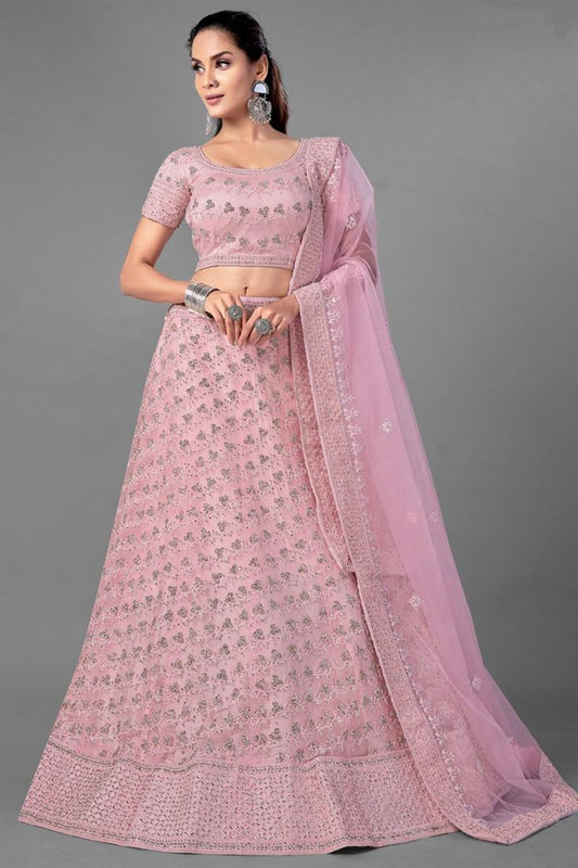Exclusive Pink Color Net Fabric Thread Embroidered Reception Wear Lehenga Choli