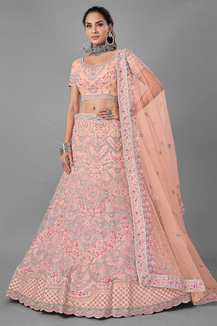 Exclusive Net Fabric Peach Color Wedding Wear Thread Embroidered Lehenga Choli