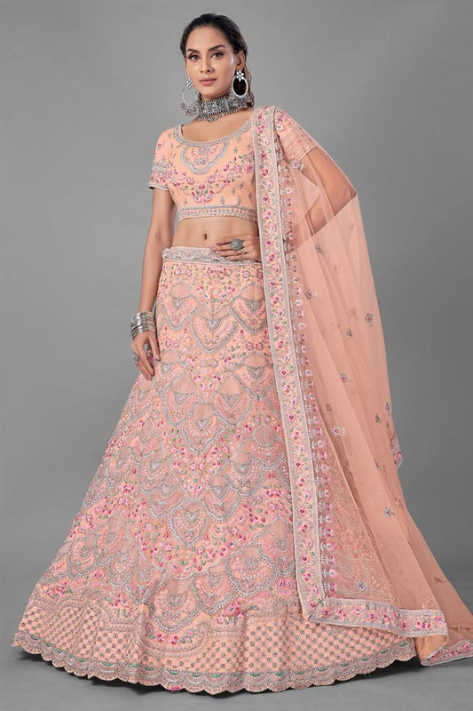 Exclusive Net Fabric Peach Color Wedding Wear Thread Embroidered Lehenga Choli