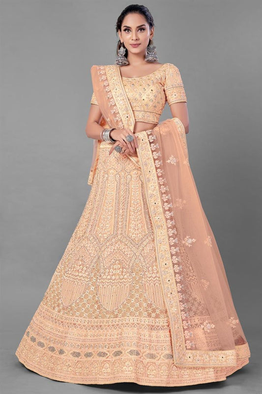 Exclusive Peach Color Net Fabric Wedding Wear Thread Embroidered Lehenga Choli