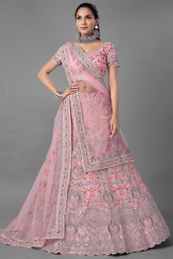 Exclusive Wedding Wear Pink Color Thread Embroidered Lehenga Choli