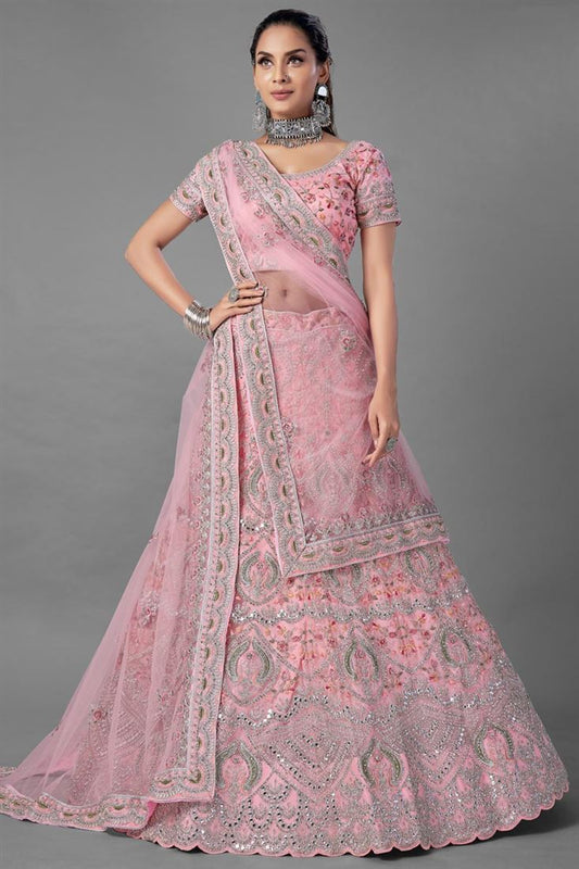 Exclusive Wedding Wear Pink Color Thread Embroidered Lehenga Choli