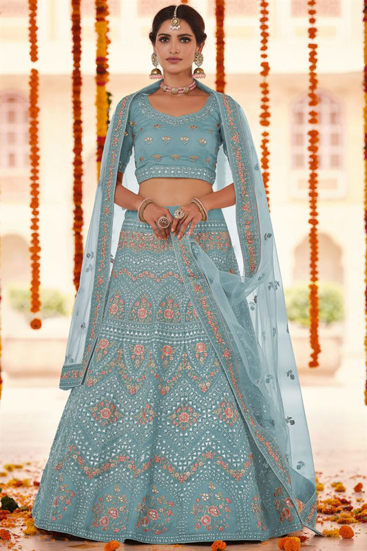 Exclusive Organza Fabric Wedding Wear Lehenga Featuring Vartika Singh In Cyan Color